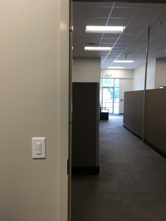 Wall sensor in office and LED lighting in ceiling at Miracle Hill's administrative and foster care office